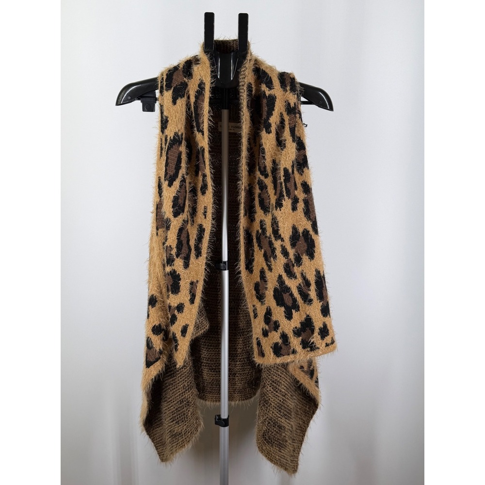 Sage & Flower Leopard Print Eyelash Knit Open Front Vest Brown Tan Women M